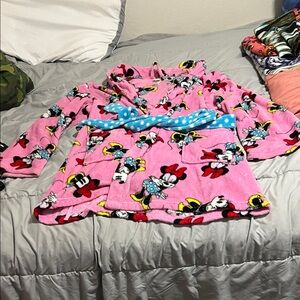 Disney adult Pink Minnie Mouse Robe with Blue Polka Dot Belt